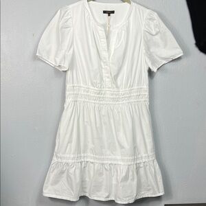 Quince White Short Sleeve Prairie Elastic Waist V-Neck Mini Dress Medium